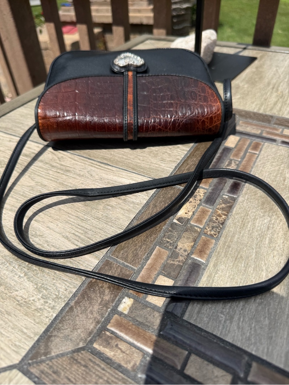 Brighton Black Crossbody with Brown Croc-Texture Flap and Heart Medallion - Picture 7 of 9